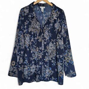 Catherines Button Up Top Size 3X 26/28W Navy Blue Dark Floral Pin Tuck Pleats